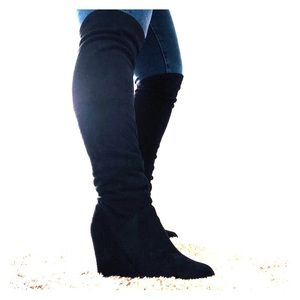 Over the knee black suede wedge boots